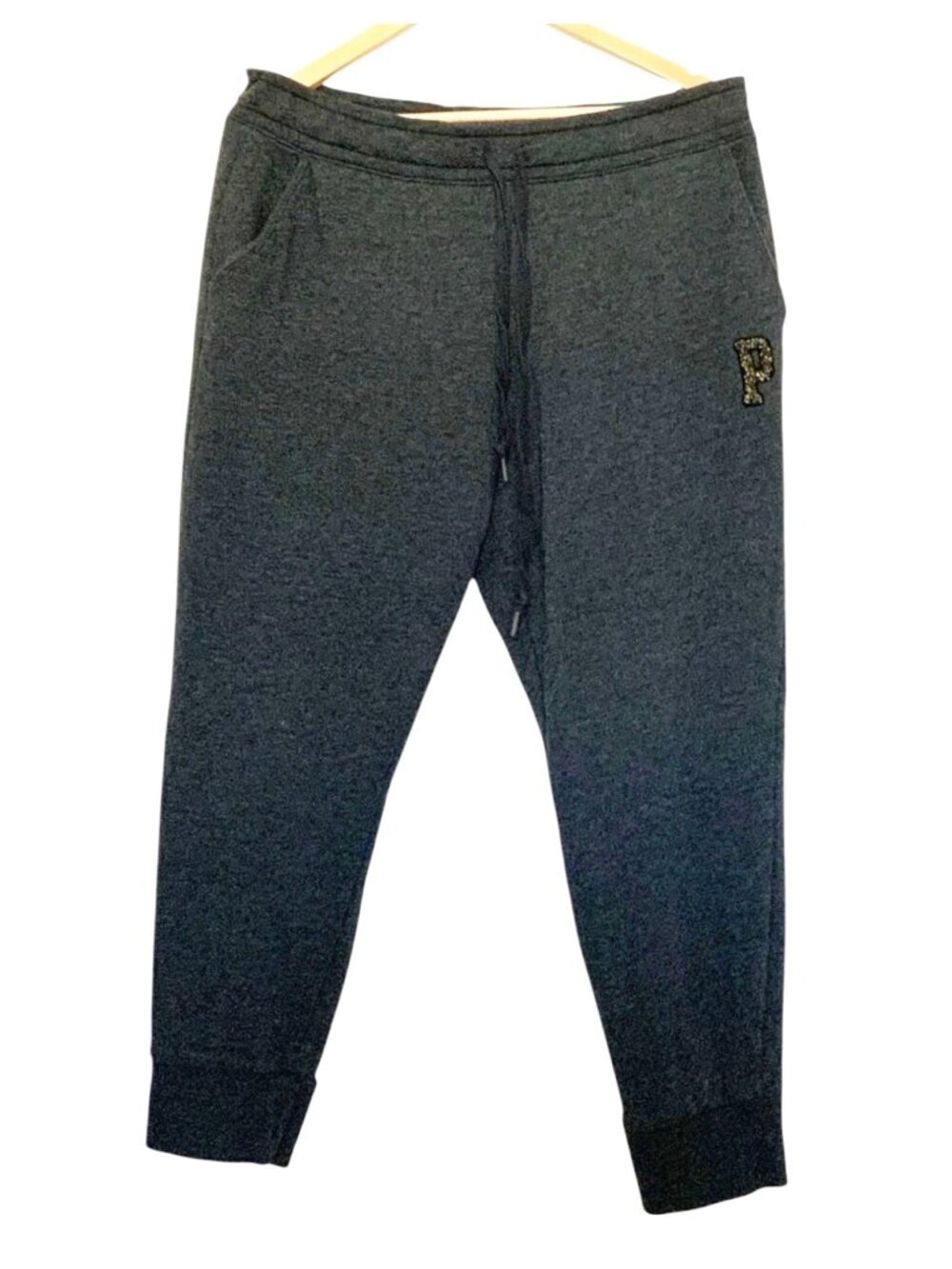PINK Victoria's Secret Sweatpants Womens XL Dark Charcoal Grey Metallic Patch Cu